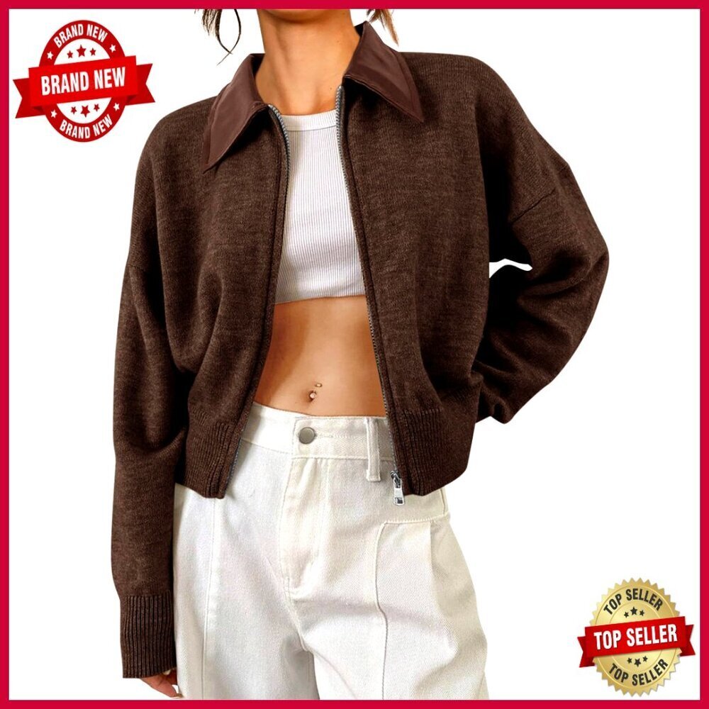 Cropped Zip Up Barn Jacket with Faux Leather Collar, Long Sleeve Cardigan